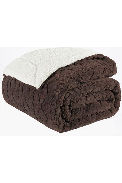 Fabienne Jacquard Sherpa Blanket Super King 220x240cm Reversible Warm Blanket Dark Brown
