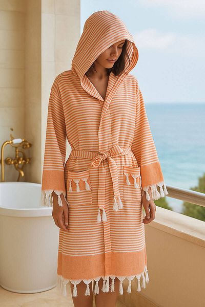 Mira Home Hooded Unisex Peshtemal Beach Bathrobe 100% Cotton Seaside Stripe
