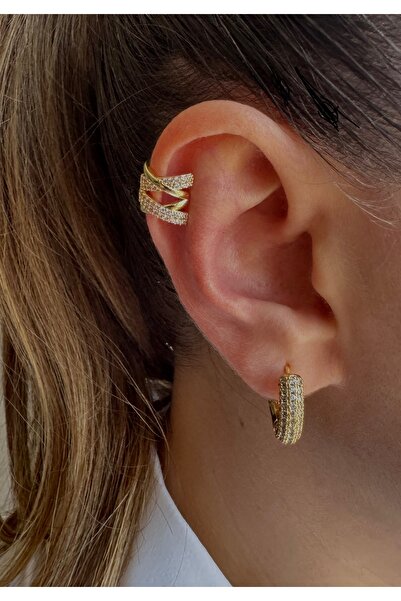 Lilon Jewelry Zirkon Taşlı Çapraz Kıkırdak Küpe Earcuff