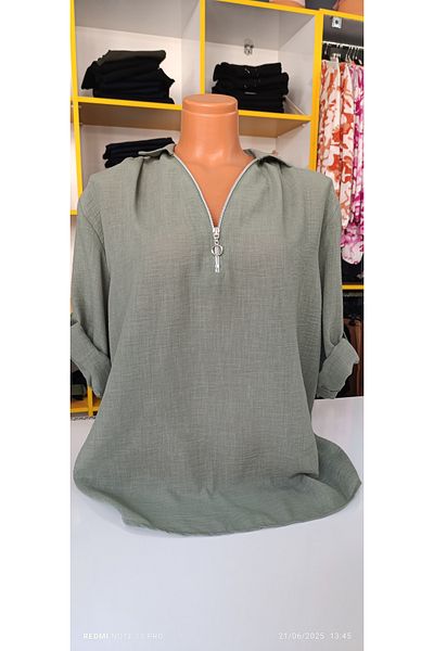 AKŞEN GİYİM Large Size 100% Cotton Three Quarter Sleeve Zipper Detail Foldable Sleeve 65 cm Length Shirt