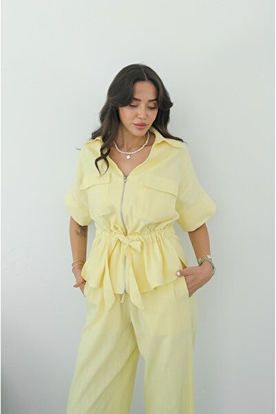 Havoş Yellow Front Zippered Belted Blouse Trousers Set