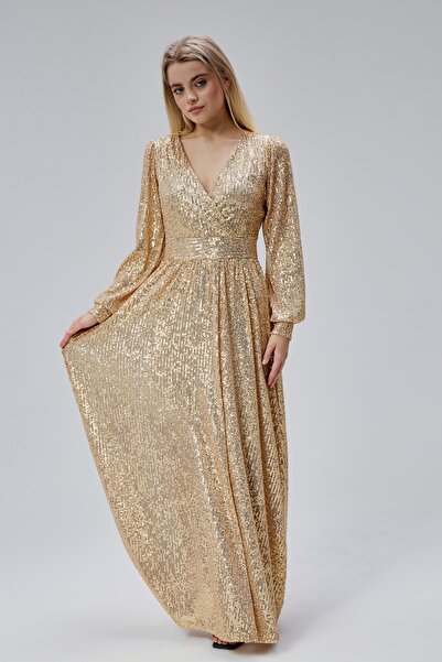 HELVEYS Payet Kumaşlı Kruvaze Yaka Uzun Kollu İç Astarlı Uzun Abiye Elbise HV06063124