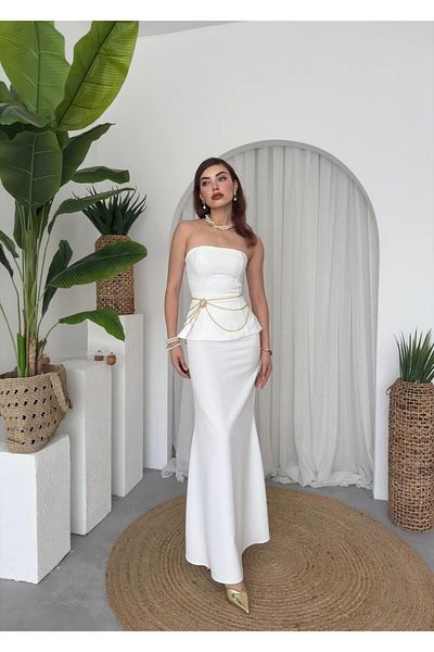 Julidress Set de top cu fundul premium, cu decolteu alb, fără bretele