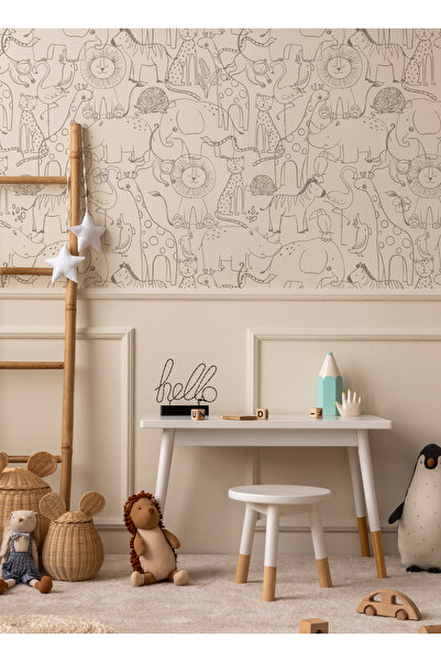 Tasarım Çizgisel Hayvan Karakterleri Temalı Çocuk Odası Duvar Kağıdı