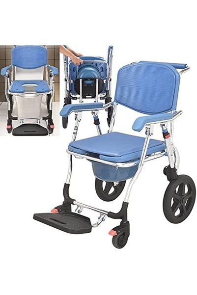 genric Foldable Shower Chair with Aluminum Alloy Frame - 3-in-1 Wheelchair with 15.7-inch PU Rear Wheel, Bu