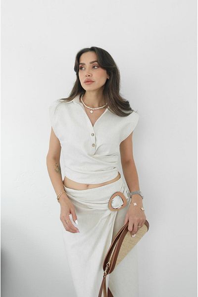 Havoş Natural Wooden Button Skirt Blouse Set