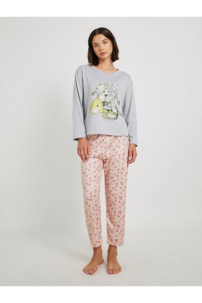 Styli Bear Print Long Sleeve T-Shirt and Pyjama Set