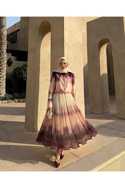 Rabia Ateş Golden Tested Skirt Suit with Plum