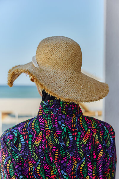 Remsa Mayo Straw Hat Beach Hat with Tassel Edges and Ribbon Tie Detail Rş-2092 Beige