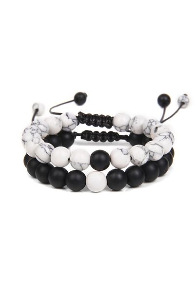 Tessero Set de două brățări cu pietre, onix mat, ajustabile cu șnur, unisex, alb-negru