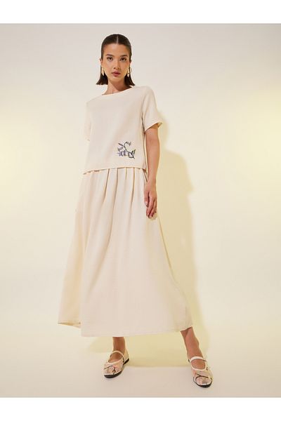 Styli Embroidered Detail Round Neck Top and Skirts Co-Ords