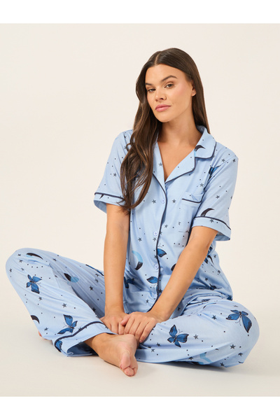 Styli Graphic Print Collared Shirt and Pyjama Set