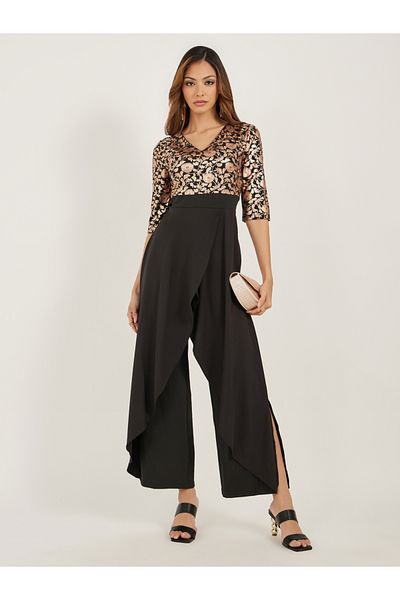 Styli Jacquard V Neck Wide Leg Jumpsuit with Layered Overlay