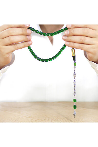 Tesbihane Non-Tarnish Metal Rope Tassel Bullet Nakkaş Imameli Capsule Cut Green Fire Amber Prayer Beads