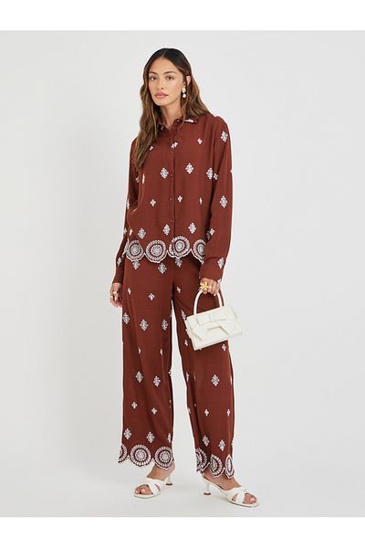 Styli Schiffli Long Sleeve Shirt and Wide Leg Pants Co-Ords