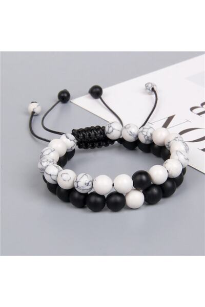 Tessero Set de două brățări cu pietre, onix mat, ajustabile cu șnur, unisex, alb-negru