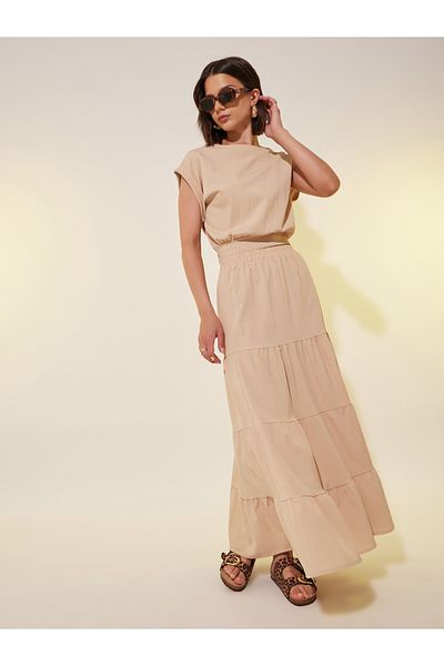 Styli Crinkled Extended Sleeves Top and Tiered Maxi Skirt Co-Ords