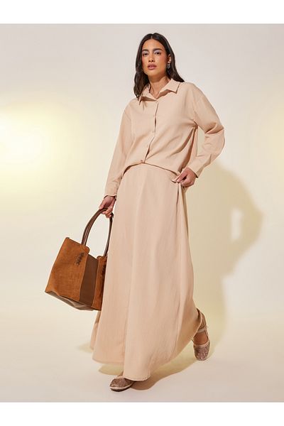 Styli Solid Spread Collar Shirt and Skirt Co-Ords