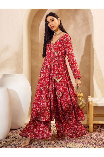 Sassafras By Styli Floral Print Wrap Anarkali Kurta with Palazzos Set