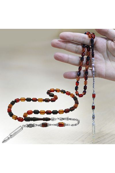 Tesbihane Non-Tarnish Metal Albanian Tassel Tip Capsule Cut Bala Black Color Fire Amber Prayer Beads