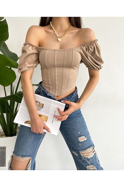 aytenli Square Neck Striped Balloon Sleeve Crop Blouse