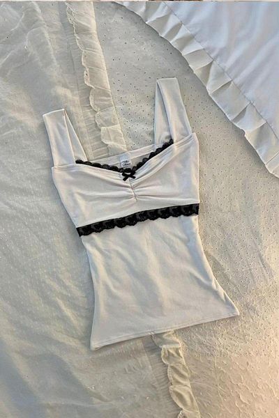 Köstebek Lace Collar Ribbon Detail Lace Stripe Strap Blouse