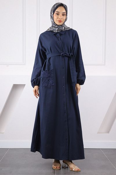 İmajButik Φόρεμα με κέντημα λουλουδιών με τσέπες σε μπλε ναυτικό