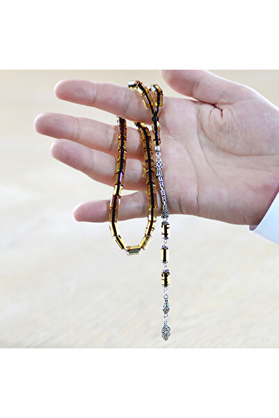 Tesbihane 925 Ayar Gümüş Kral Püsküllü Kesme Kesim Hafif Fosilli Ihlamur Sarı Doğal Damla Kehribar Tesbih