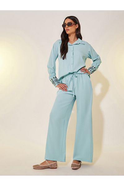 Styli Embroidered Cuff Long Sleeve Shirt and Pants Co-Ords