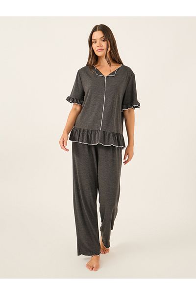 Styli Solid Ruffled Short Sleeve Top and Pyjama Set