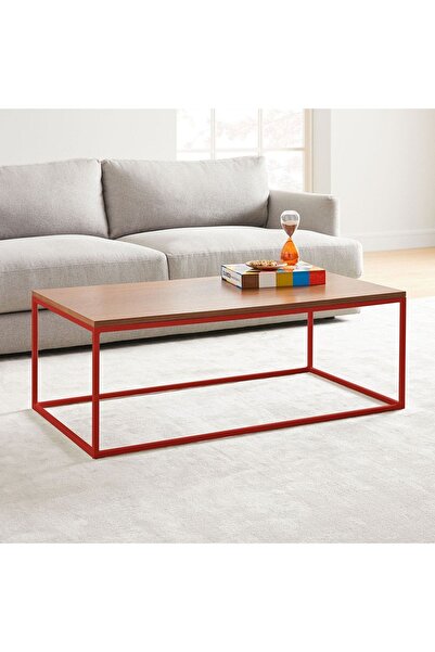 Hitit Dekorasyon Stream Metal Orta Sehpa Kırmızı Ayak Ceviz Tabla