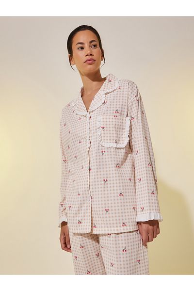 Styli Lace Trim Checked Buttoned Shirt and Pyjama Set