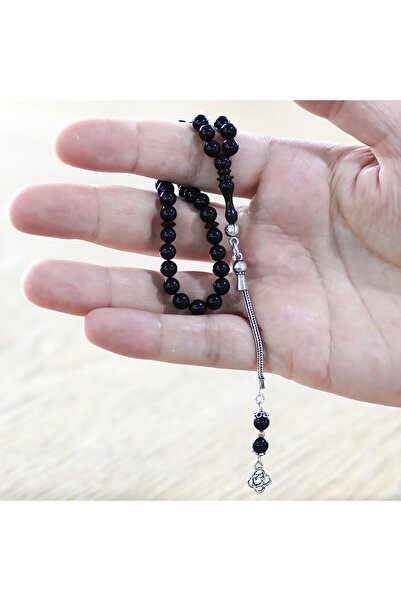 Tesbihane 925 Ayar Gümüş Püsküllü Küre Kesim Bilek Boy Mavi Siyah Sıkma Kehribar Tesbih