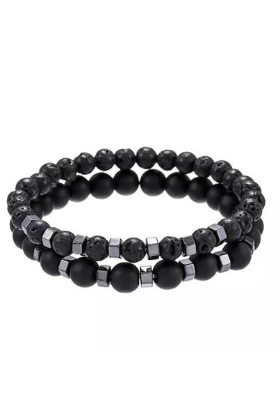 Tessero Set de două brățări elastice din rocă vulcanică și onix, negre