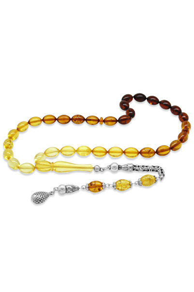 Tesbihane 925 Ayar Gümüş Kral Zincir Püsküllü Arpa Kesim Süzme Sarı Kırmızı Damla Kehribar Tesbih