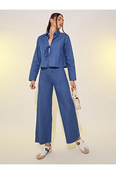 Styli Plain Denim Look Tie Front Blouse and Pants Co-Ords