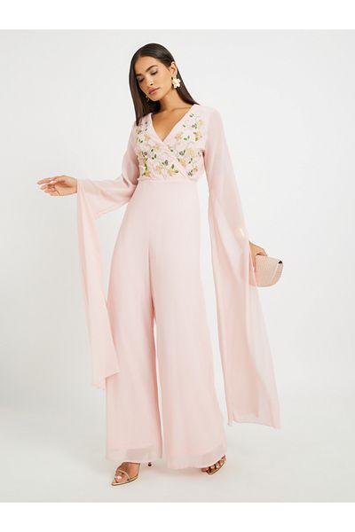Styli Embroidered Cape Sleeves Wide Leg Jumpsuit