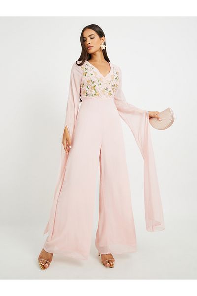 Styli Embroidered Cape Sleeves Wide Leg Jumpsuit