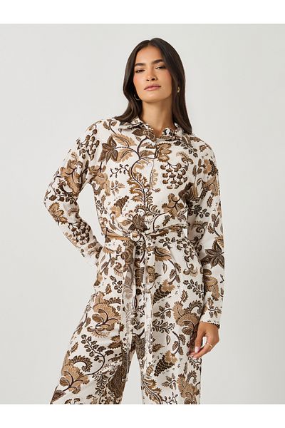 Styli Printed Spread Collar Shirt and Wide Leg Pants Co-Ords