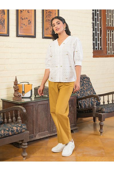Sanskrutihomes By Styli Broderie Detail V Neck Button Front Shirt and Pants Co-Ord