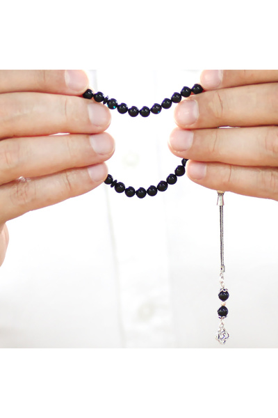 Tesbihane 925 Ayar Gümüş Püsküllü Küre Kesim Bilek Boy Mavi Siyah Sıkma Kehribar Tesbih