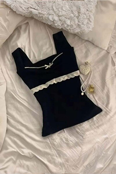 Köstebek Lace Collar Ribbon Detail Lace Stripe Strap Blouse