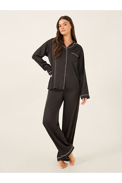 Styli Piped Detail Matte Satin Long Sleeve Pocket Shirt and Pyjama Set
