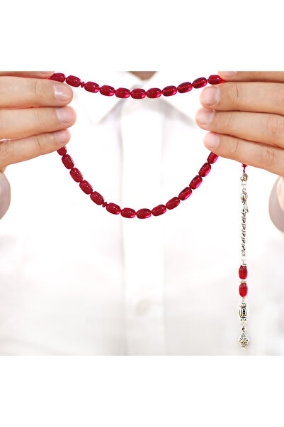 Tesbihane Tarnish-Free Metal Albanian Tassel Imamesi Craftsmanship Special Cut Moire Red Fire Amber Prayer Beads