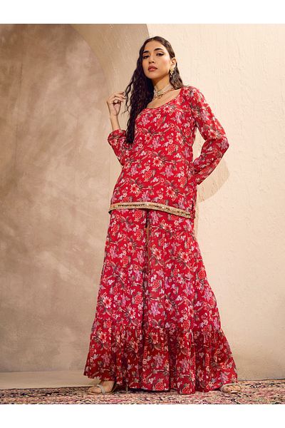 Sassafras By Styli Floral Print Wide Neck Kurta with Tiered Sharara Set
