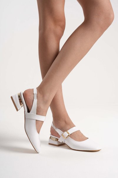 Silver Lady Show Gold Heel and Buckle Detailed Stylish Square Toe Patent Leather Women's Shoes