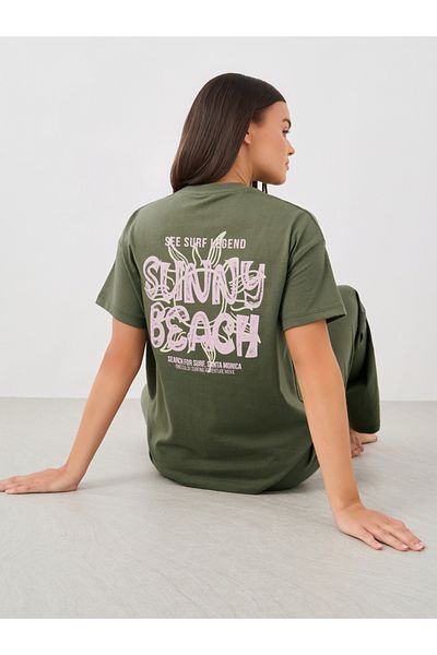 Styli Beach Graphic Pocket Dropped Shoulder T-Shirt and Straight Pyjama Set