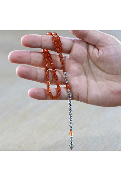 Tesbihane سبحة من الخرز المعدني المقاوم للأسود، مقصوصة على شكل كبسولة برتقالية، بطول المعصم، من العنبر الناري