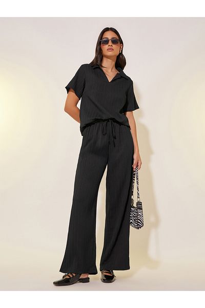 Styli Textured Collared Top and Drawstring Waist Pants Co-Ords