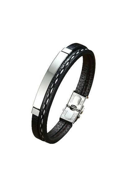 Tessero - Bracelet made of leather, plate design and stitching, clip closure, silver